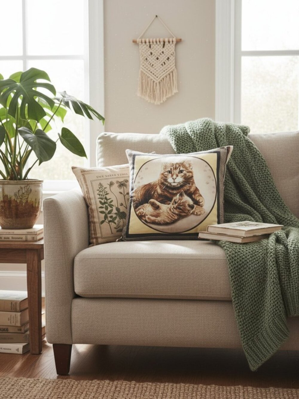 Handmade Cat Pillow 16" x 16" Cottagecore Square Brown Microfibre Farmhouse